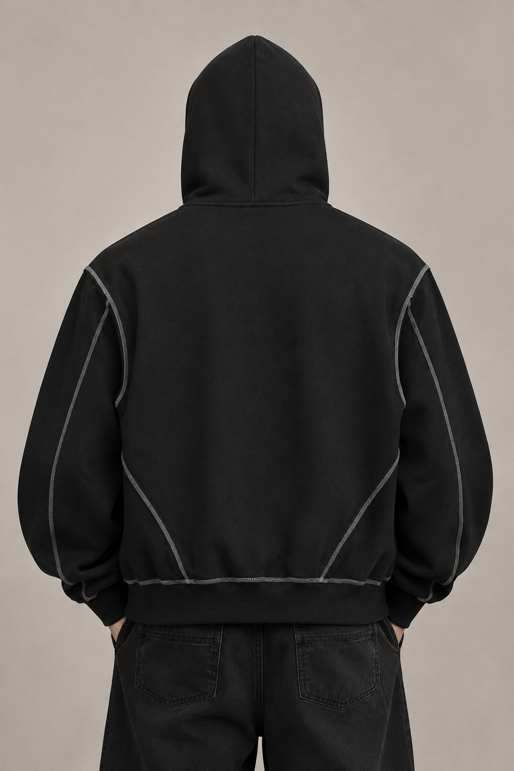 Contrast Stitched Boxy Zip Hoodie – Male Model Back