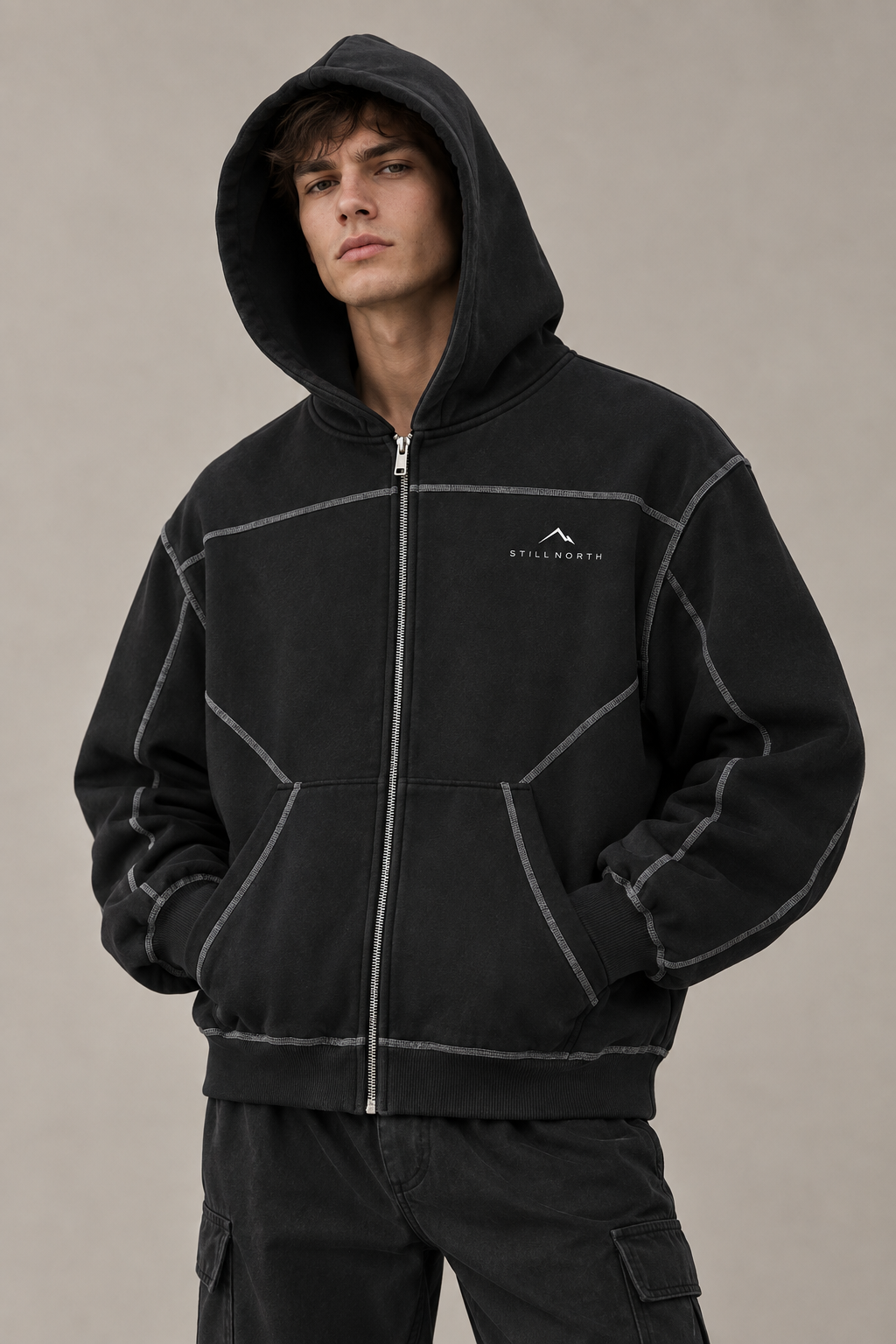 Contrast Stitched Boxy Zip Hoodie – Male Model Front