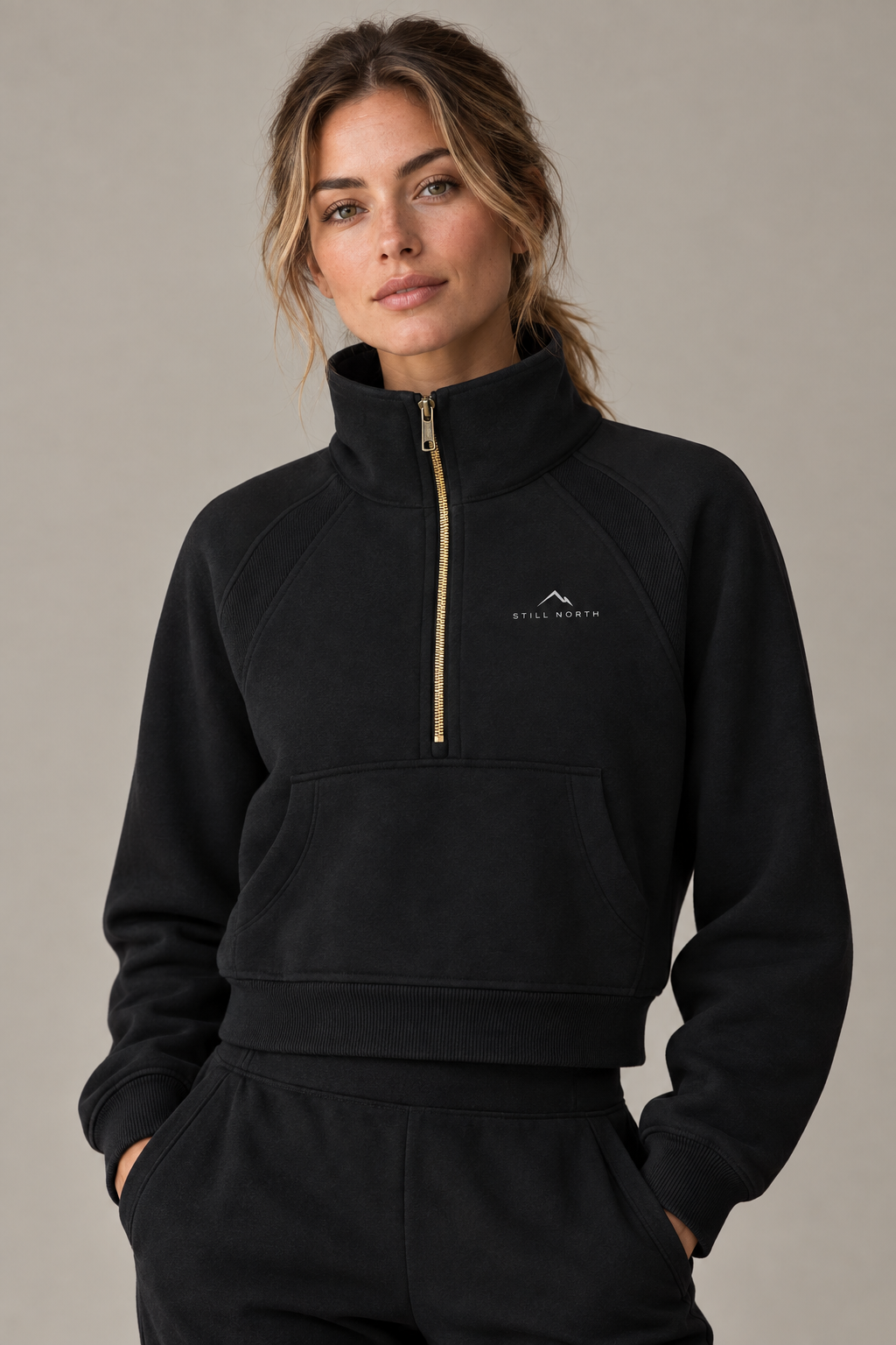 Cropped Half-Zip – Female Model with Exact Still North Logo