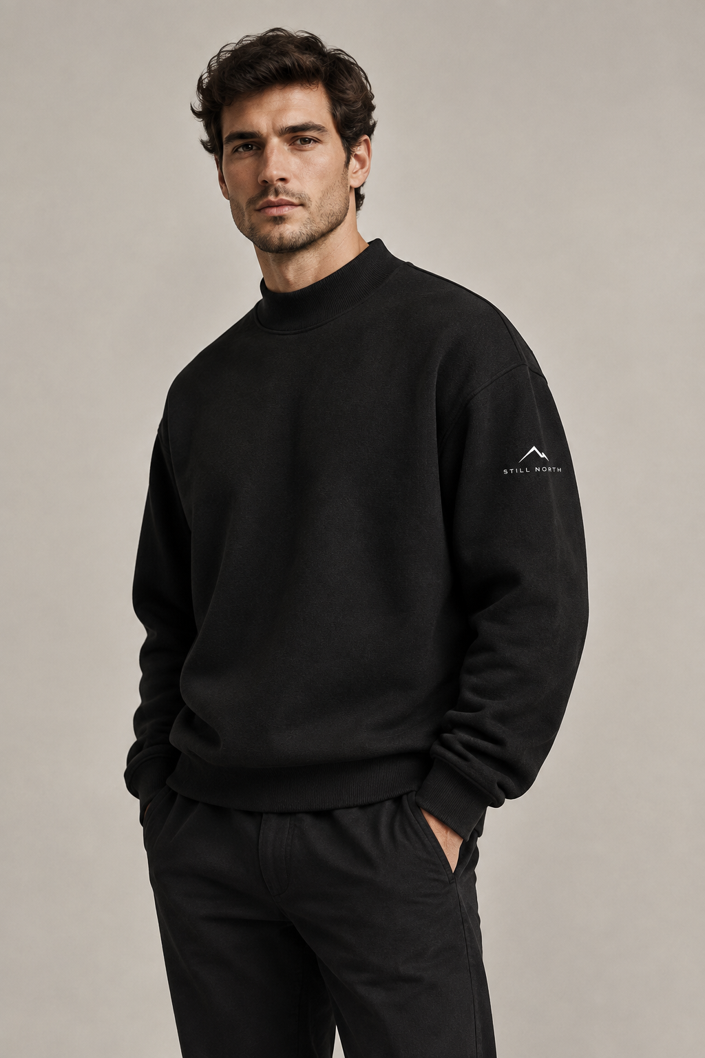Essential Fleece – Male Model Front, Left Sleeve Logo