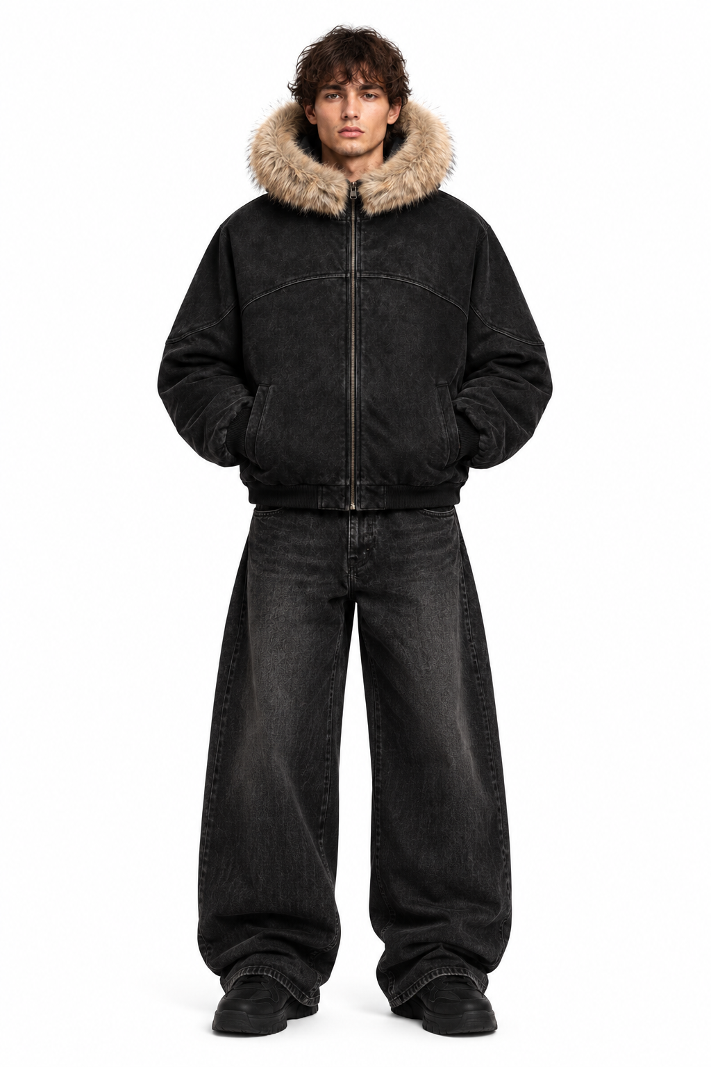 Sun Fade Boxy Detachable Fur Hoodie