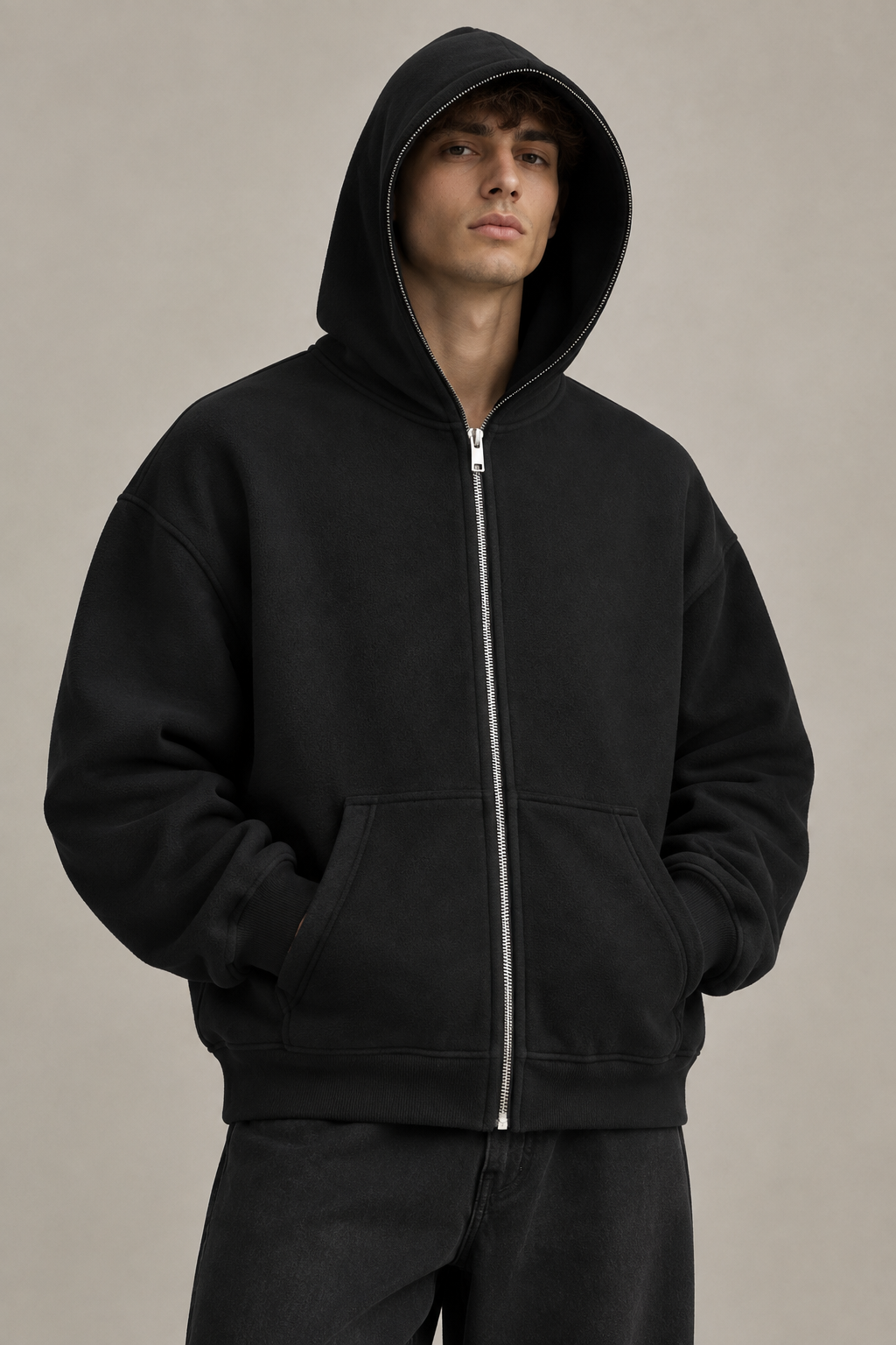 Fleeced Full-Zip Boxy Hoodie – Male Model Front