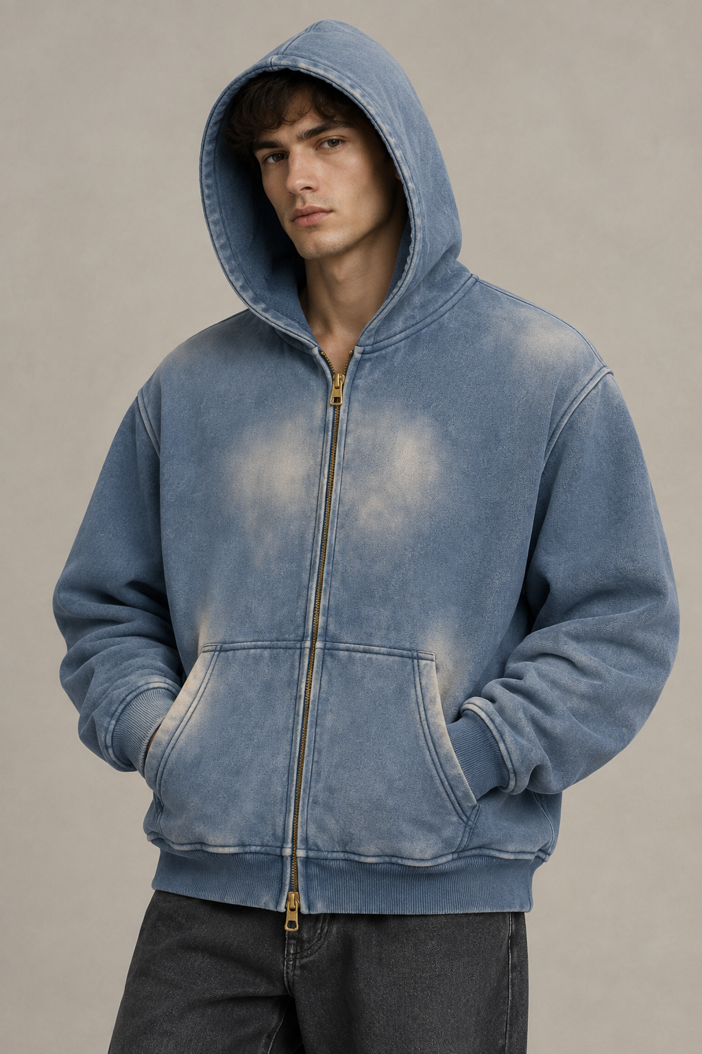 Sunfade Two-way Zipper Boxy Fleece Hoodie
