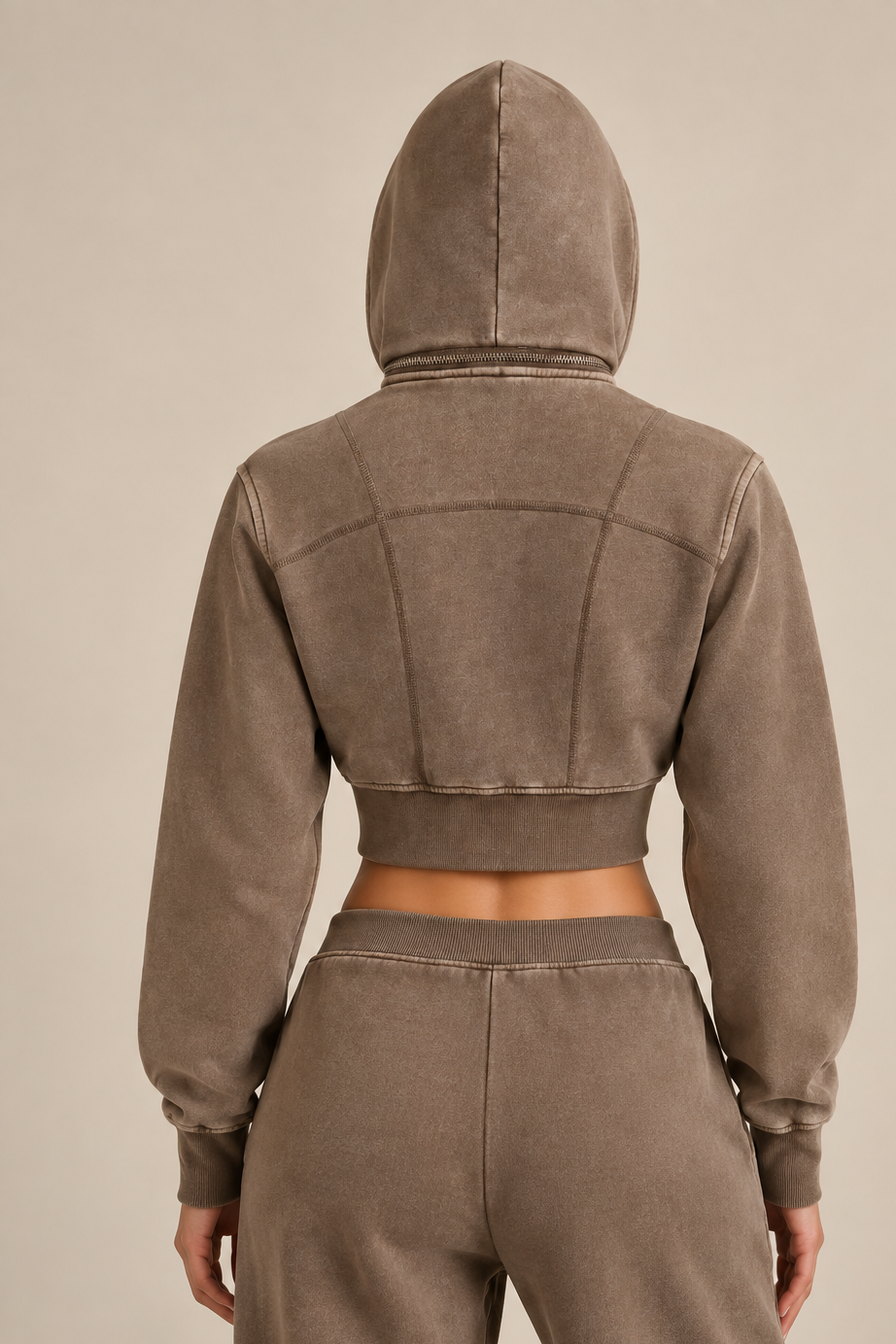 Vintage Washed Cropped Fleece Hoodie – Model Back View
