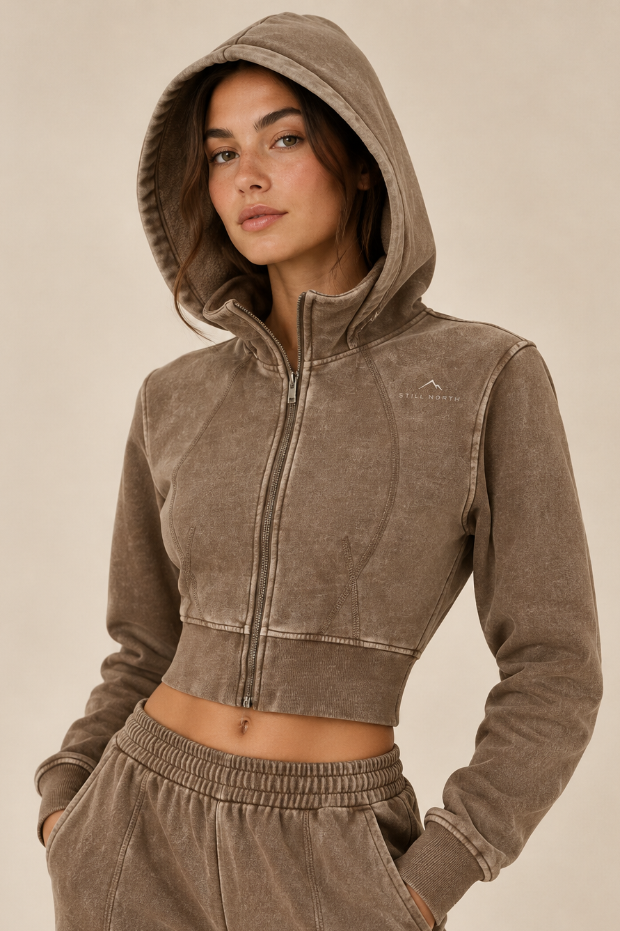 Vintage Washed Cropped Fleece Hoodie – Model Wearing