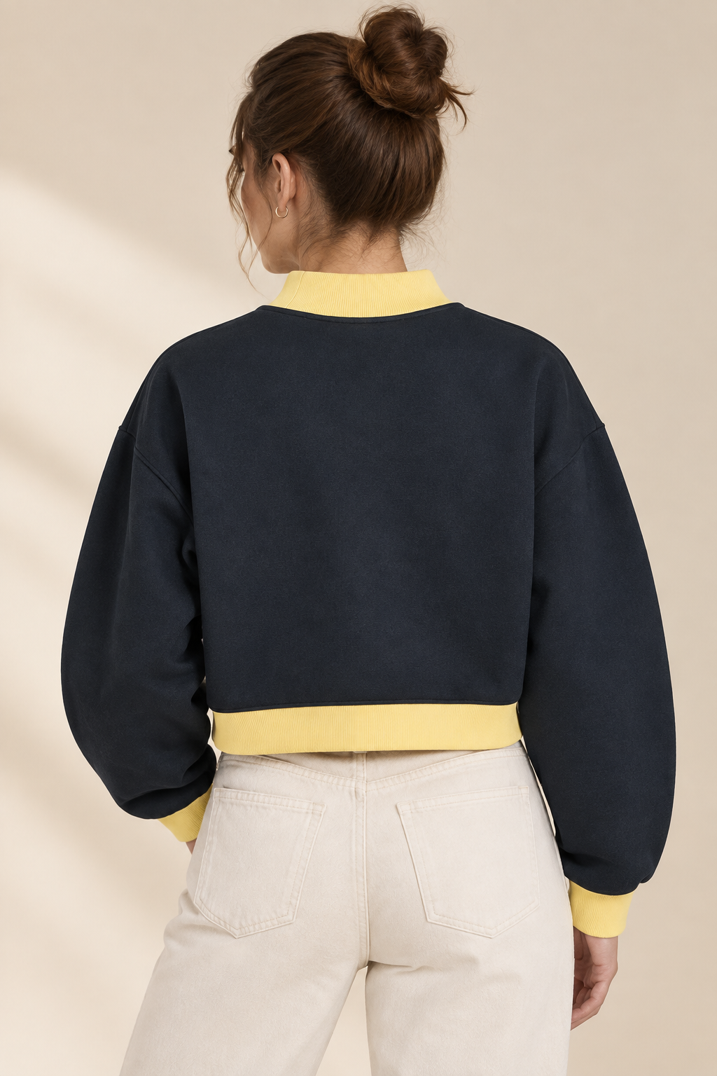 Women's Mock-Neck Crewneck – Female Model Back