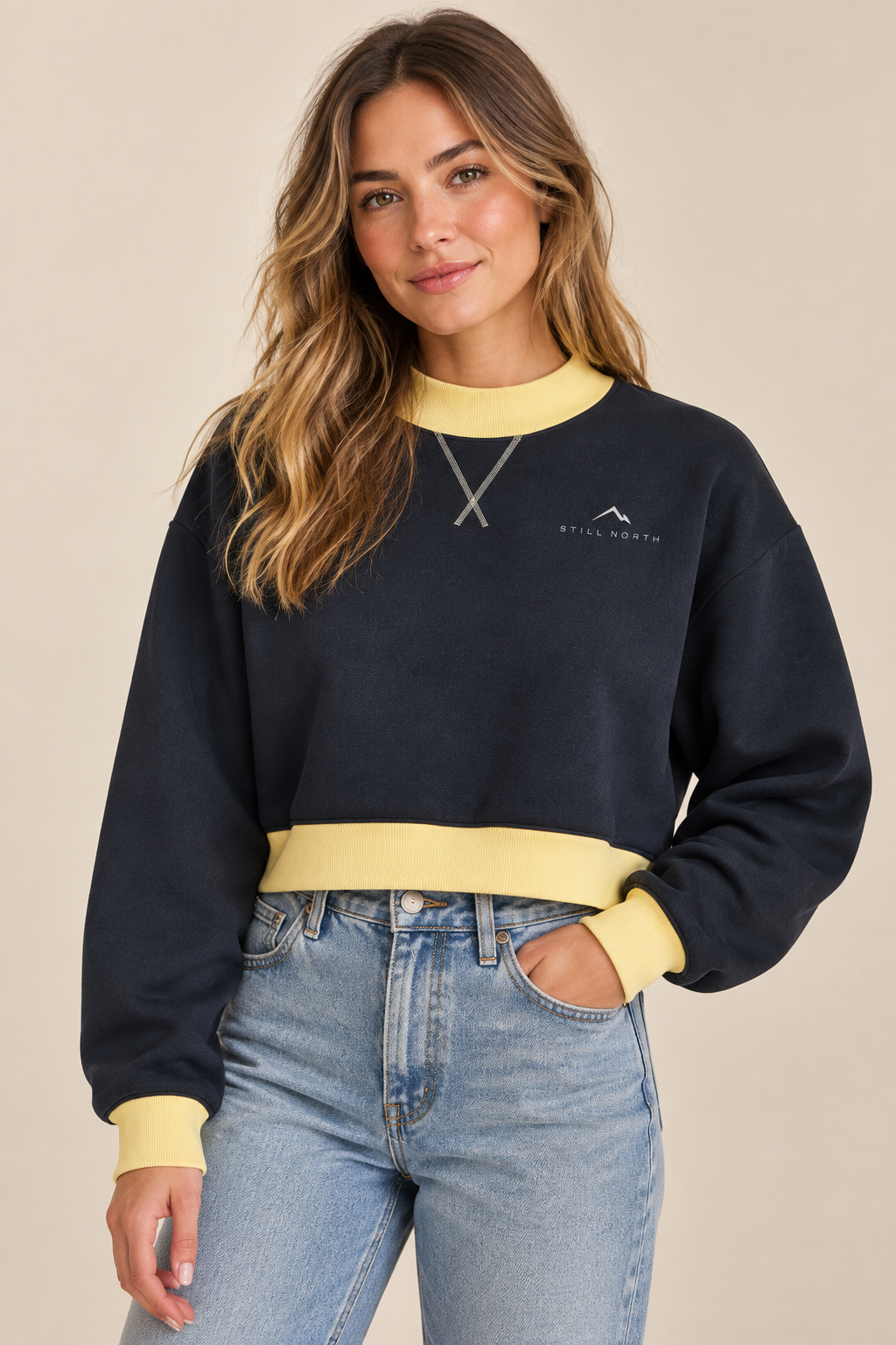Women's Mock-Neck Crewneck – Female Model Front